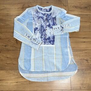 Soft Surroundings Sz S Henley‎ Print Stripes Boho Linen Long Sleeve Lightweight